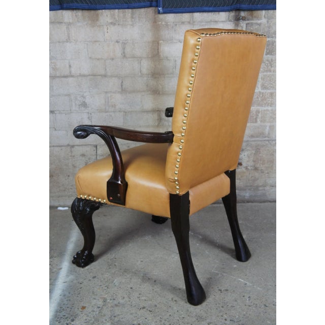 Antique 19th C English Chippendale Arm Chair Carved Mahogany Leather Ball Claw For Sale - Image 6 of 13