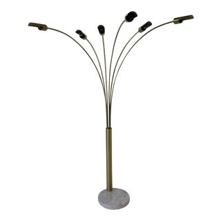 Italian Angelo Lelli Style Brushed Brass & Marble Arc Floor Lamp For Sale
