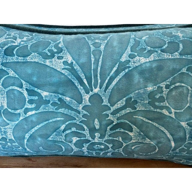 Pair of Fortuny Textile Pillows in Teal With Custom Velvet Backs For Sale In Los Angeles - Image 6 of 6