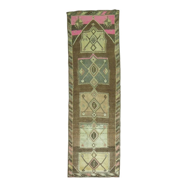 Zabihi Collection Vintage Turkish Runner in Brown and Pink - 3'5" x 11'7" For Sale