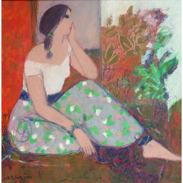 Portrait of a pensive woman', oil-pastel on board, by michel sarazin (circa 2000). A quietly captivating interior scene,...