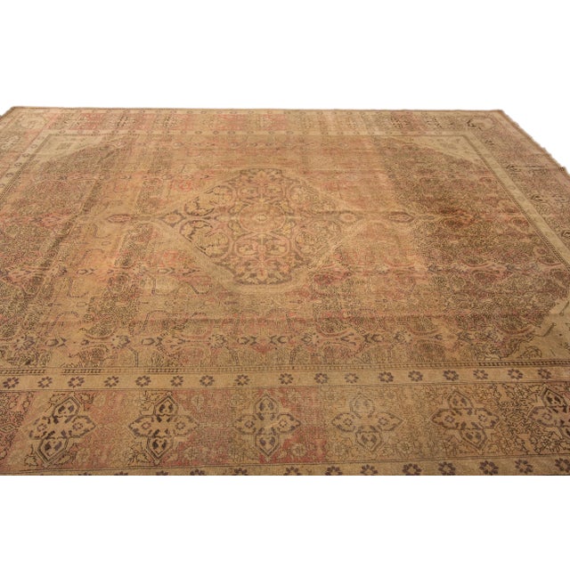 Tan Antique Tabriz Handmade Medallion Designed Tan Persian Wool Rug For Sale - Image 8 of 9