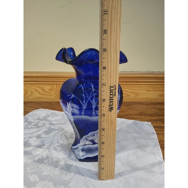 Vintage Fenton 100th Anniversary Cobalt Blue Hp Deer in Winter Scene Glass Hexagon Vase For Sale In Orlando - Image 6 of 8