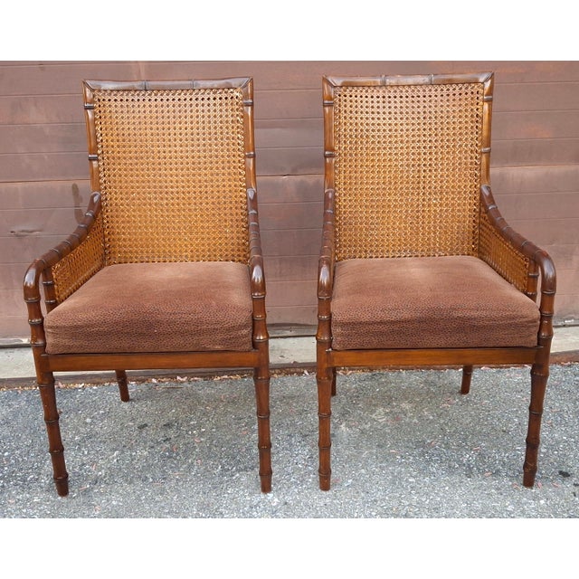 Palecek Hollywood Regency Style Double Cane Upholstered Armchairs For Sale In Washington DC - Image 6 of 18