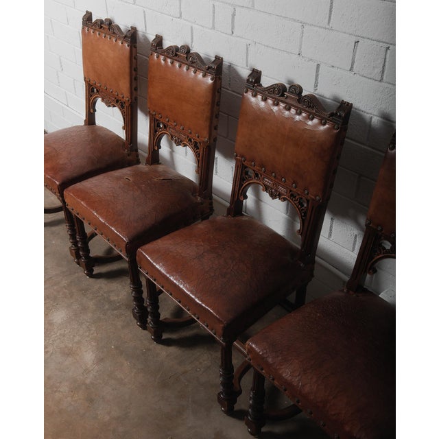 19th Century Antique Henry II Renaissance Style Brown Leather and Wood Chairs - Set of 4 For Sale - Image 4 of 7