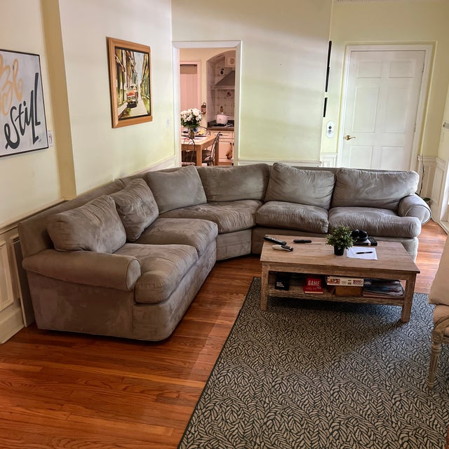 Animal Skin Attributed to Ethan Allen Suede Grey Sofa For Sale - Image 7 of 12