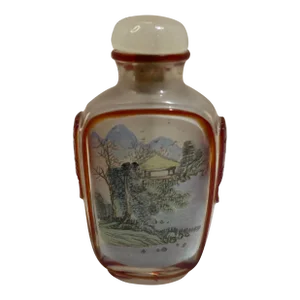 Vintage Asian Square Reverse Painted Crystal Snuff Bottle With Agate Stopper