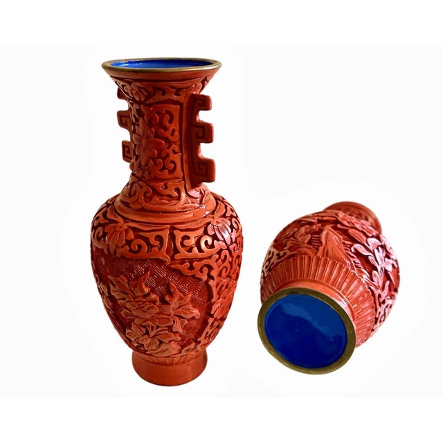 Chinoiserie Chinoiserie Red Cinnabar Vases, a Pair For Sale - Image 3 of 7