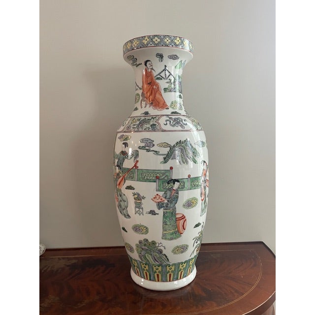 Large 25″ Chinese Famille Verte Porcelain Floor Vase – Figural Scene For Sale - Image 4 of 6