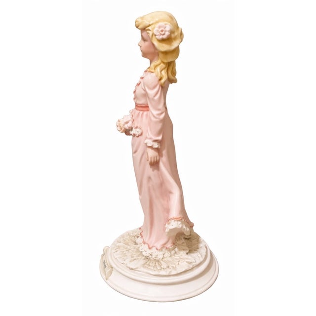 Vintage Hand-Painted Porcelain Girl with Flower Basket and Puppies Figurine by Antonio Belcari for Dear, 1987 For Sale - Image 4 of 8