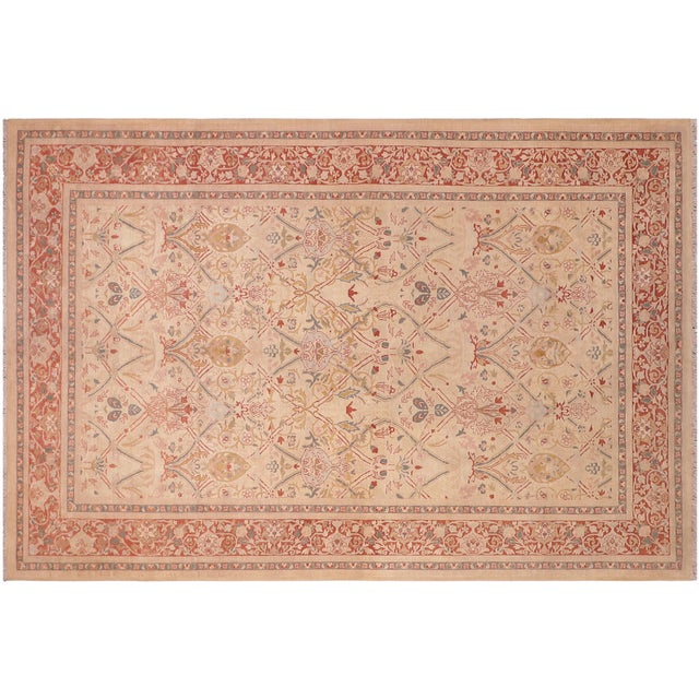 Tan Shabby Chic Floral 1990's Pak-Persian Tan/Red Wool Rug - 6'1'' X 9'1'' For Sale - Image 8 of 9