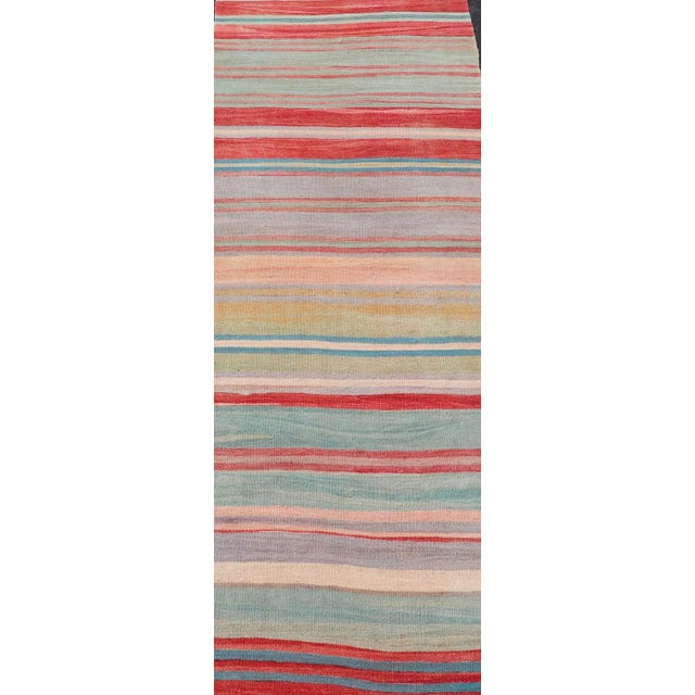 Mid 20th Century Mid 20th Century Vintage Turkish Kilim Runner With Stripes in Red Green Yellow and Multi Color For Sale - Image 5 of 12