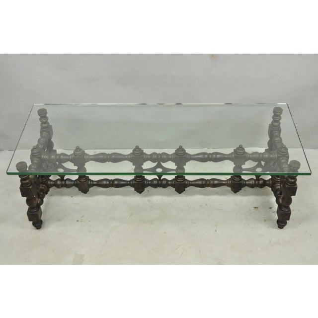 Gothic Vintage Gothic Renaissance Wooden Fretwork Rectangular Glass Top Coffee Table For Sale - Image 3 of 14