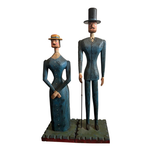 Curtis Jeré, Hand Carved Painted Wood Folk Art Americana Sculpture Pair American Gothic, 1982 For Sale