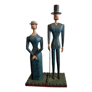 Curtis Jeré, Hand Carved Painted Wood Folk Art Americana Sculpture Pair American Gothic, 1982