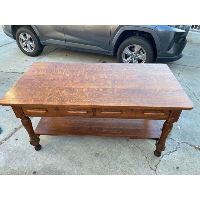Antique Arts and Crafts Oak Library Desk Writing Table Wirh Shelf Mission Style For Sale - Image 13 of 18