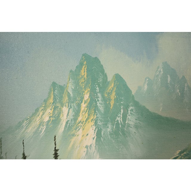 Blue Bob Ross Style Original Signed Mountain River Landscape Oil Painting in Carved Wood Frame For Sale - Image 8 of 16