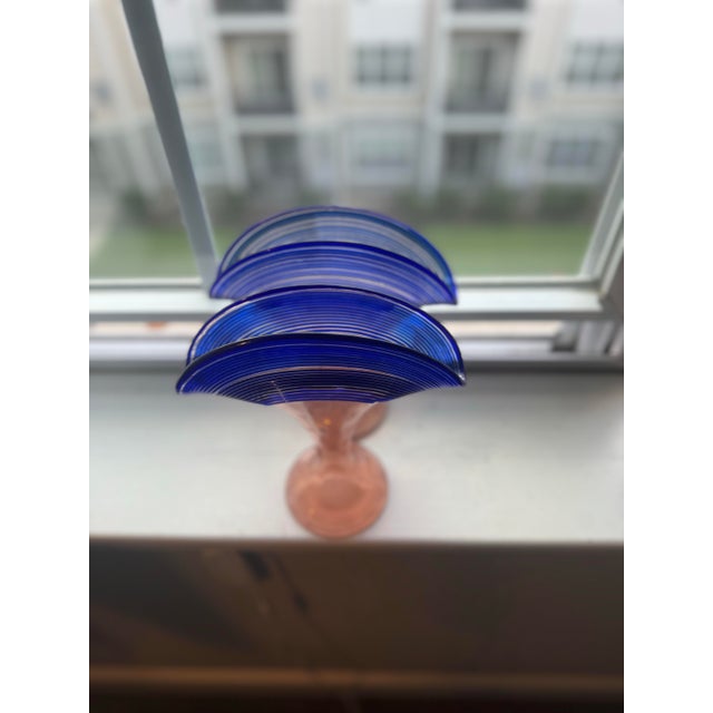 Kralik Glassworks Vintage Czech Kralik Fan Vases *Set of 2* [Pink & Cobalt Blue] For Sale - Image 4 of 5