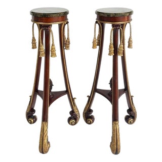 Mahogany Giltwood Pedestals With Carved Tassels & Tesselated Stone Tops, a Pair For Sale