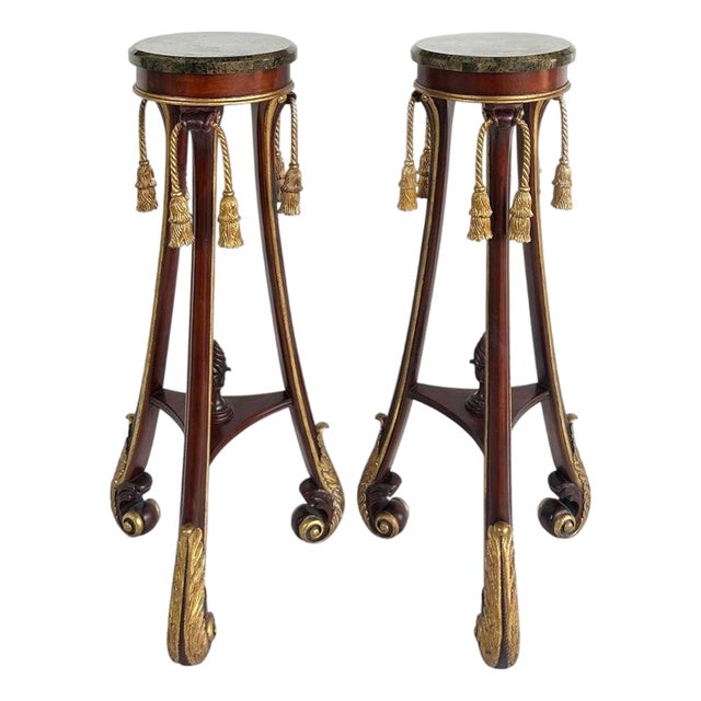 Mahogany Giltwood Pedestals With Carved Tassels & Tesselated Stone Tops, a Pair For Sale