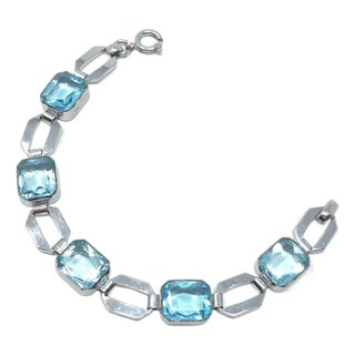 1930s Art Deco German Chrome Plate and Aquamarine Crystal Vintage Bracelet For Sale
