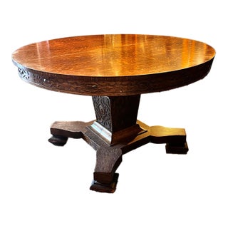 Antique 48” Tiger Oak Round Pedestal Dining Table With 3/4” Glass Top For Sale
