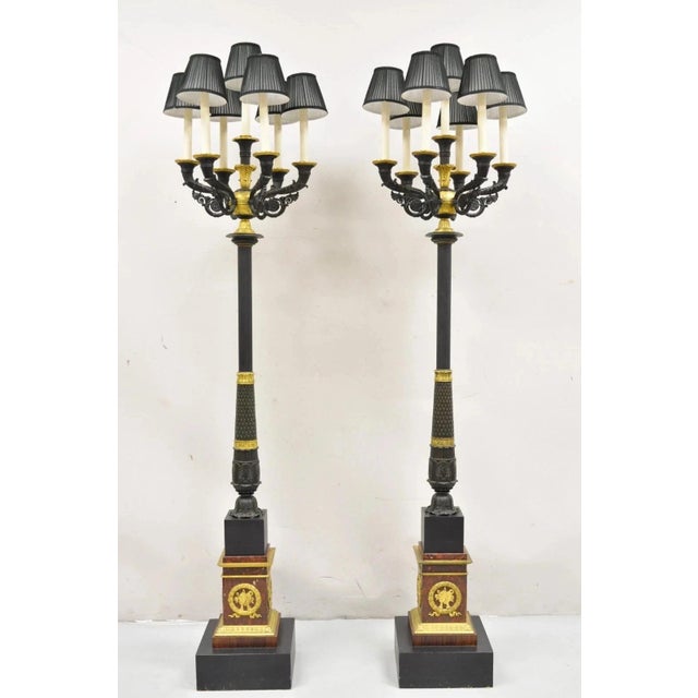 Late 19th Century French Empire Tall Bronze & Marble Lighted Candelabra Torchiere Floor Lamps - a Pair For Sale - Image 17 of 18