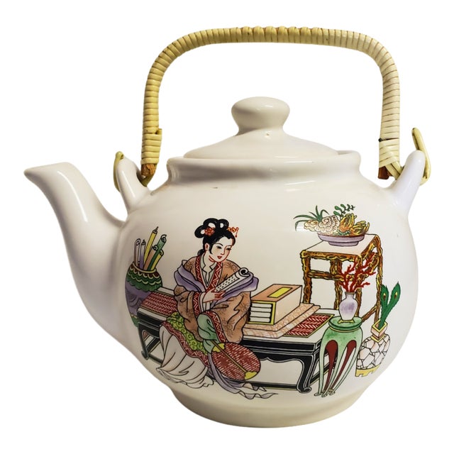 Mid 20th Century Japanese Porcelain Geisha Teapot With Woven Handle For Sale