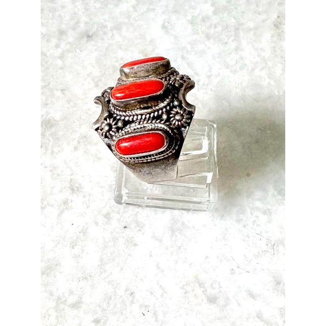 Vintage Sterling Silver and Coral Ring For Sale - Image 4 of 5