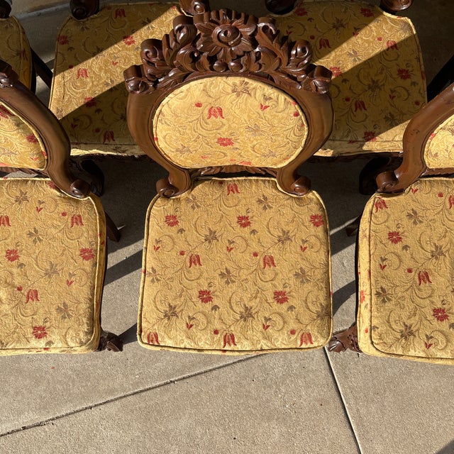 Mid-Late 20th Century Vintage Rococo Revival Carved Accent Chairs in Yellow-Gold Floral Damask - 8 Pieces For Sale - Image 9 of 12
