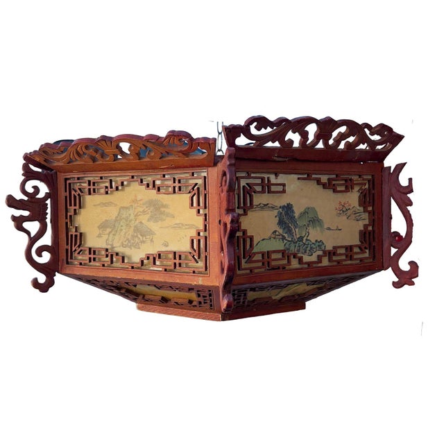 Chippendale 1950s Mid-Century Carved Chinese Rosewood Painted Lantern Hanging Chandelier Lamp For Sale - Image 3 of 14
