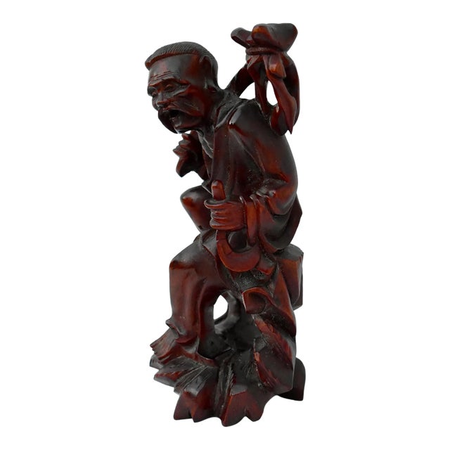 Vintage Chinese Hand Carved Rosewood Figurine of Wise Man For Sale