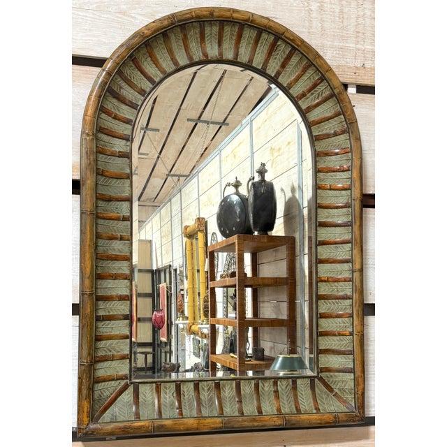 La Barge La Barge Style Arch Top Polychromed Bamboo & Leaf Motif Beveled Mirror For Sale - Image 4 of 9
