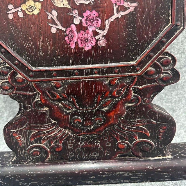 1960s Vintage Chinese Rosewood Table Screen With Mother of Pearl Inlay – Magpie & Plum Blossom Motif For Sale - Image 5 of 9