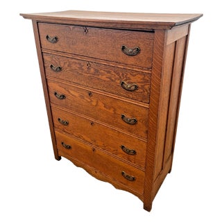 Antique Five Drawer Dresser Chest Mission Arts & Crafts Quarter Sawn Tiger Oak For Sale