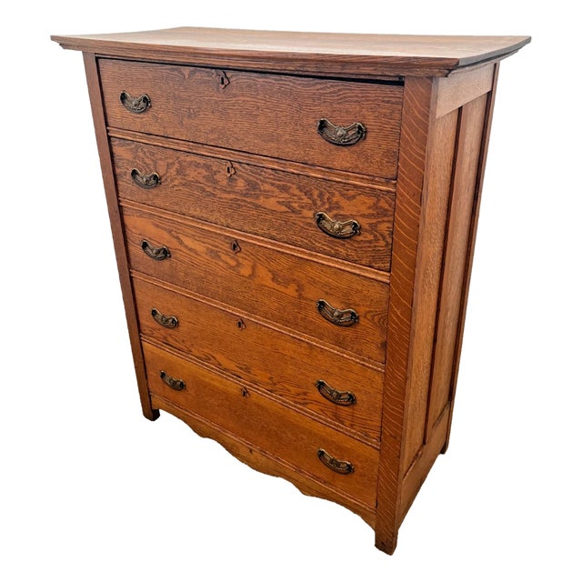 Antique Five Drawer Dresser Chest Mission Arts & Crafts Quarter Sawn Tiger Oak For Sale
