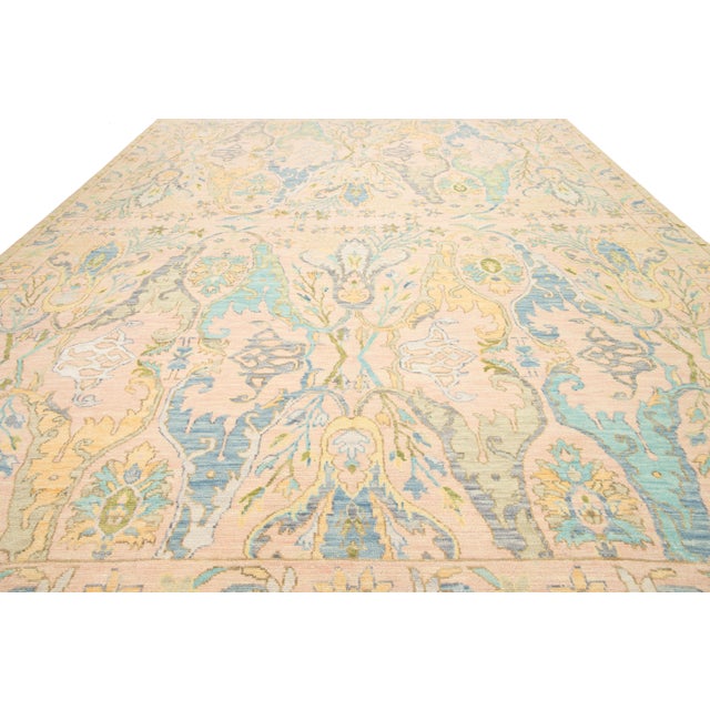 Room Size Modern Floral Oushak Style Wool Rug Handmade in Peach For Sale In New York - Image 6 of 9