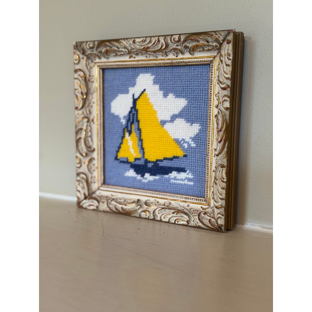 Coastal Small Vintage Sailboat Needlepoint, Framed For Sale - Image 3 of 7