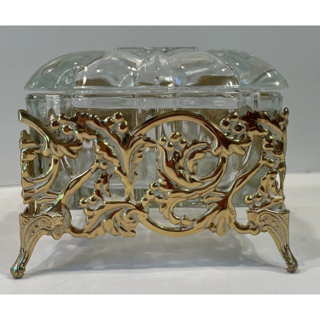 Vintage Hollywood Regency Gold Metal and Glass Powder Trinket Box For Sale In Dallas - Image 6 of 9