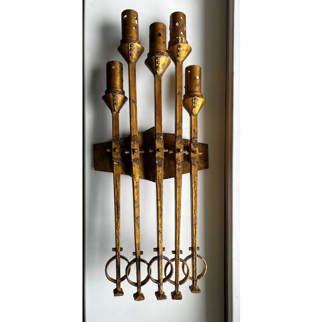Gold Brutalist Wrought Iron Spanish Wall Sconce in Gilt Tole For Sale - Image 8 of 11