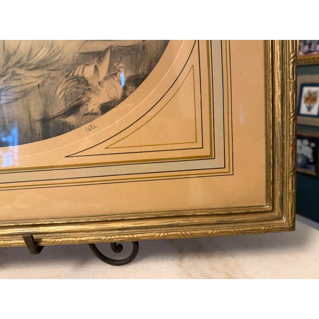 1920s Art Deco Pencil Signed Print Pets Two Flapper Ladies With Cockatoos by Coti Original Gilt Wood Frame For Sale - Image 9 of 12