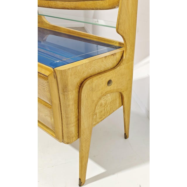 Italian Sideboard with Mirror in Maple Wood, Blue Glass and Brass, 1960s For Sale - Image 12 of 13