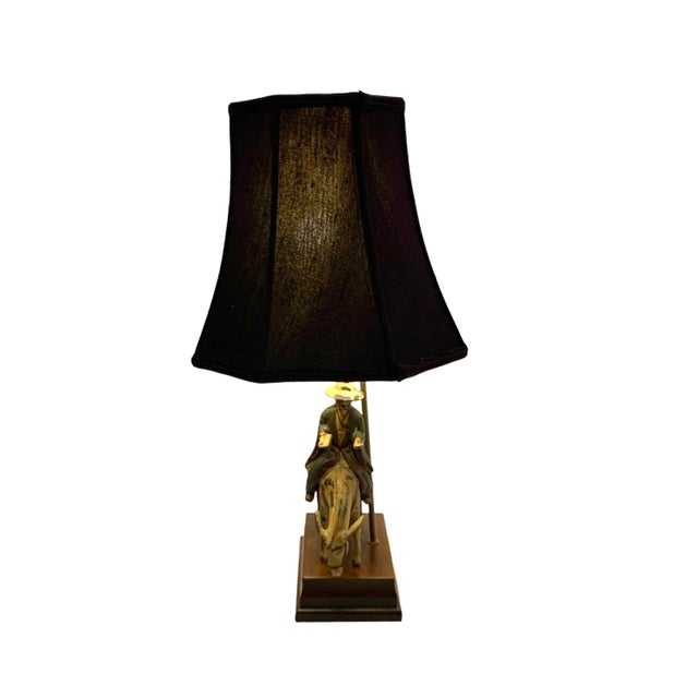 Mid 20th Century Lamp Chinese Scholar on Horse Metal and Wood Old Vintage Oriental Decor For Sale - Image 10 of 12