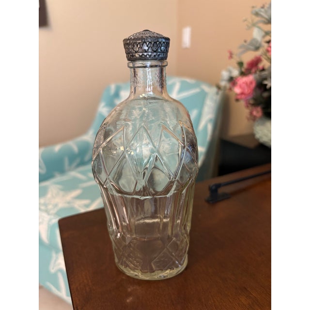 Vintage Canadian Glass Liquor Decanter Bottle With Ornate Metal Cap For Sale - Image 4 of 6