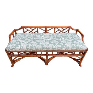 Vintage Coastal Rattan Chinese Chippendale Chinoiserie Bench For Sale