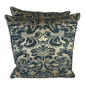 Pair of Custom Blue & Metallic Gold Pillows