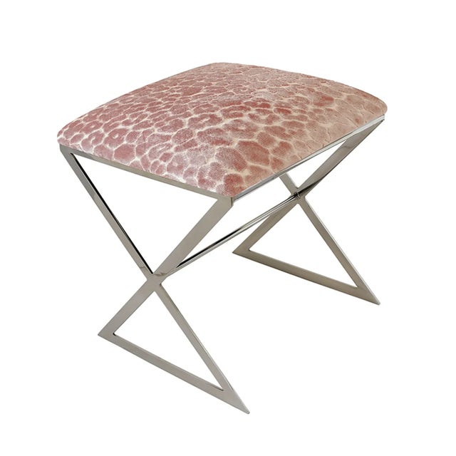Worlds Away Matthew Izzo Home X Side Stool in Polished Nickel and Pink Leopard Fabric For Sale - Image 4 of 4