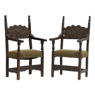 Antique Pair of Elizabethan Carved Walnut Armchairs Circa 1700 For Sale