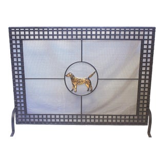 1980s Wrought Iron Fireplace Screen With Brass Dog Motif For Sale