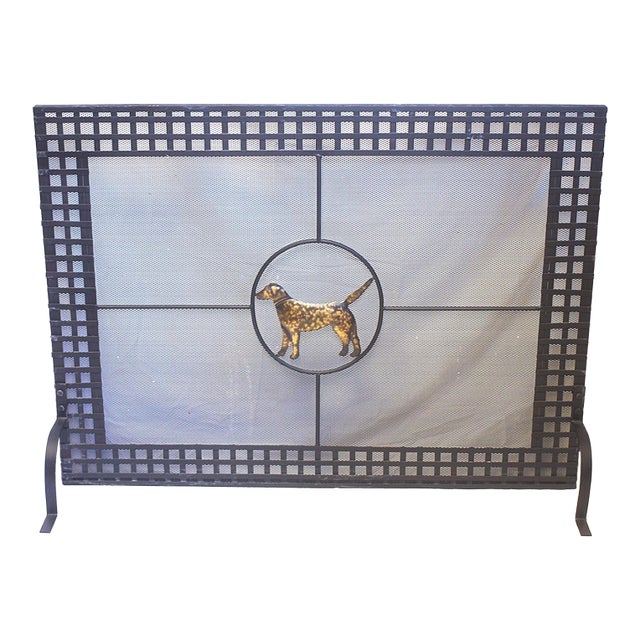 1980s Wrought Iron Fireplace Screen With Brass Dog Motif For Sale